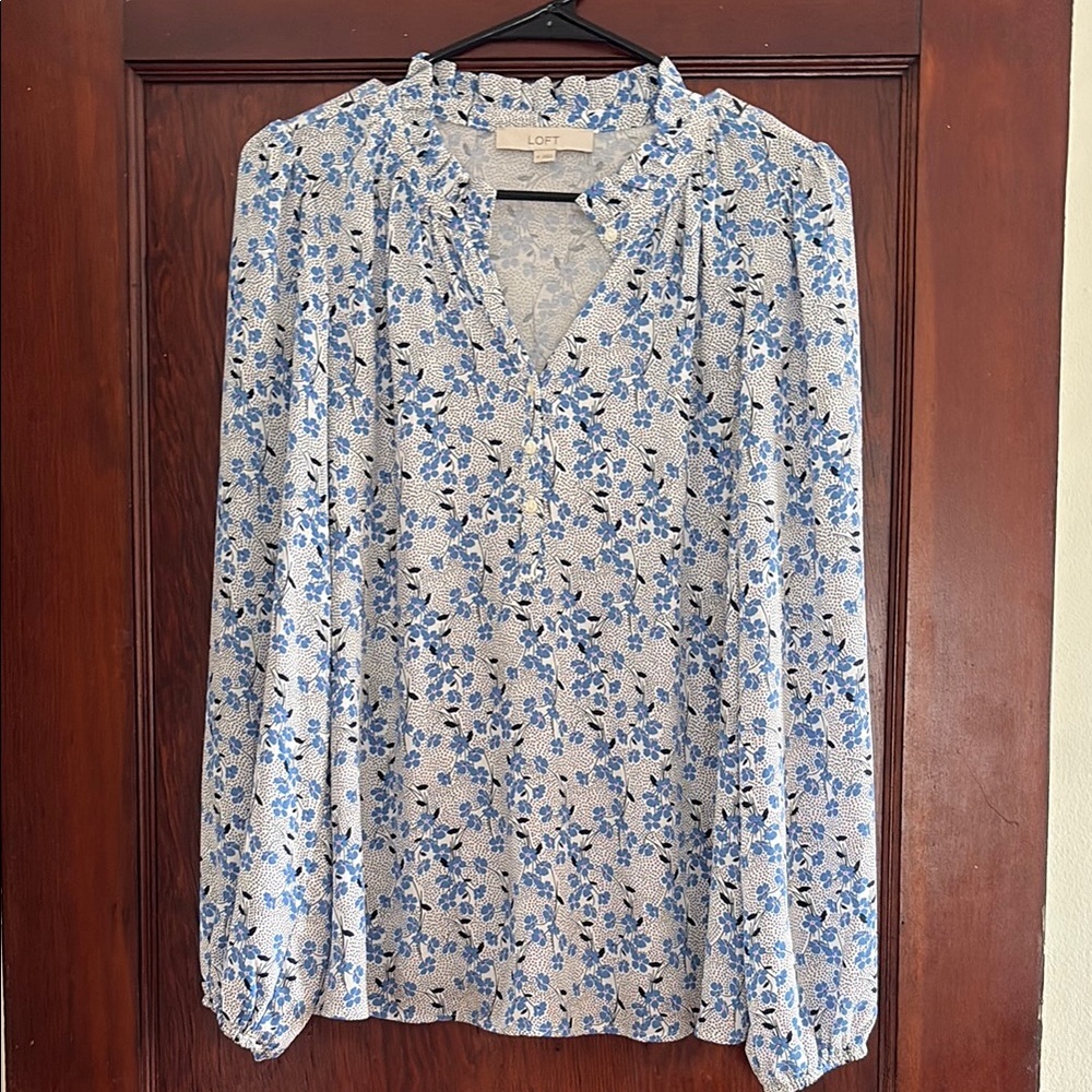 LOFT Blue and White Ruffled Blouse with Mandarin Collar